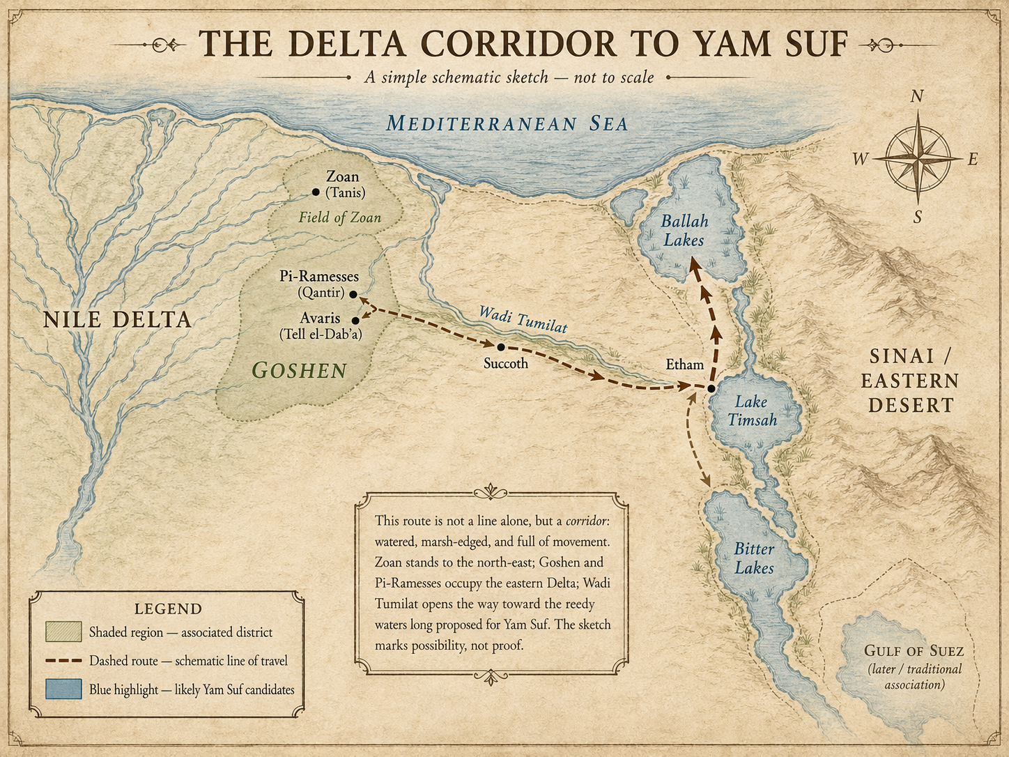 The Delta Corridor to Yam Suf schematic map showing Zoan, Goshen, Pi-Ramesses, Avaris, Wadi Tumilat, Ballah Lakes, Lake Timsah, Bitter Lakes, and the Gulf of Suez.